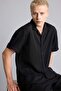 Boxy Fit Apaş Collar Flowy Fabric Short Sleeve Black Shirt I2094Ax26Sm