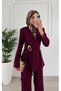 Plum Belt Detailed Double-Breasted Jacket and Trousers Set |   Belt Buckle Long Sleeve Stylish Two-Piece Set |   Casual Office Women's Set with High Waist Wide-Leg Fabric Trousers - 2