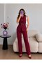 Burgundy Belted Vest, Trousers and Blazer Set with Metal Accessories