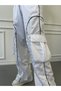 Women's White and Black Ribbed Wide Leg Parachute Cargo Sweatpants with Elastic Waist - 6