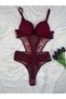 Burgundy Lace Tulle Detailed Snap Fastener Bodysuit - 5
