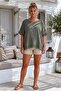 Khaki Pool Collar Short Sleeve Sequined Sleeves and Hem with Mesh Detail Star Appliqué Woven Blouse 63 68 - 3