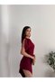 Women's Short Sleeve Boat Neck Burgundy Asymmetrical Cut Midi Length Evening Dress Graduation Dress - 3