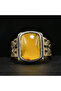 Antimony Silver Amber Ring – 10.25x22.5mm Honey Yellow Cabochon Men's Ring 6g - 6
