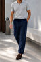Men's Linen-Look Comfortable Cut Trousers with Elastic Waist and Laces - Navy Blue