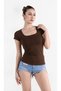 Women's Short Sleeve Square Neck Aci Brown Color Body T-Shirt Bluz - 2