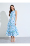 Blue Floral Print Sleeveless Flare Midi Dress - 3