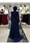 Navy Blue Double Fabric Stone Detailed Cape-Shoulder Evening Dress Model - 4