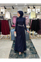 Navy Blue Double Fabric Stone Detailed Cape-Shoulder Evening Dress Model - 3