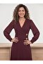 Double Crepe Fabric Chiffon Sleeves Double Breasted Collar Belted Evening Dress Burgundy 36-42 25263