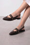 Bilbao Brown Wrinkled Patent Leather Gold Buckle Trok Detailed Open Back Ballerinas - 2