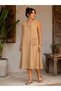 Women's Beige Color 100% Cotton Muslin Fabric Casual Bell Dress with Pockets