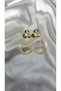 Women's gold color 2-piece pearl flower and hoop earring set