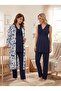 New Season Navy Blue Patterned Wide Strap Lace Detailed Summer Special Design 100% Cotton Maternity Long Dressing Gown Pajama Set - 3