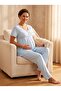 New Season Blue Stylish Scallop Detailed Short Sleeve Design Buttoned 100% Cotton Maternity Pajama Set