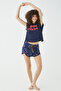 Mon Cheri Letter Printed Cherry Patterned Baby Overlock Detailed Back and Leg Parts with Double Breasted Closure Viscose Shorts Pajama Set - 2