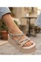 26Y446 Women's Beige Silver Stone Cross-Strapped Thick Platform Wedge Orthopedic Comfortable Sole Walking Design Sports Casual Sandals Shoes - 2