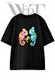 Chameleon Family Design Printed Unisex Black Oversize T-Shirt