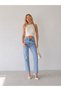 Women's Ice Blue Stone Detailed Cut-Leg Boyfriend Mom Jeans Denim Trousers