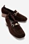 Fennisa Women's Genuine Leather Stone Detailed Short Heeled Loafer Shoes Brown Suede