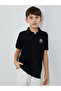 Boys Black Chest Print Knitted Regular Fit Polo T-Shirt