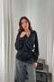 Women's Black Satin Blouse Shirt Lapel Collar Double Breasted Button Detail Long Sleeve - 2