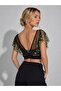 Women's Transparent Lace Blouse Floral Embroidery Square Collar Short Sleeve Crop Black-Khaki - 2