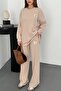 Women's Cream Sweatshirt-Pants Set Ribbed Textured Oversized Crewneck Sweatshirt and Wide Leg Pants - 5