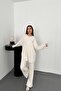 Women's Ecru Sweatshirt-Pants Set Ribbed Textured Oversized Crew Neck Sweatshirt and Wide Leg Pants - 2