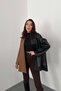 Women's Black Shirt with Snap Fasteners, Faux Leather Trim, Color Block, Long Sleeves
