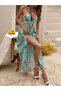 Women's Rope Strap Halter Neck V-Neck Slit Long Patterned Single Jersey Turquoise Dress - 3