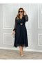 Women's Chiffon Fabric Flared Cut Double-Breasted Collar Midi Length Dress - 3