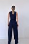 Women's Navy Blue Striped Jacket Vest Pants Set, 3-Piece Wide Leg Buttoned - 6