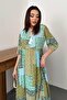 Women's Green Maxi Dress Patchwork Floral Pattern Gathered Waist Lace-Up Collar - 3