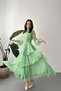 Women's Green Floral Patterned High Collar Long Sleeve Layered Maxi Dress with Waist Detail - 2