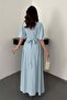 Women's Blue Gathered Linen Blend Balloon Sleeve Tie Back Maxi Dress - 5
