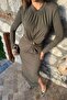 Women's Khaki Midi Dress with Long Sleeves, Drawstring Detail, Window Cutout and Slit - 5