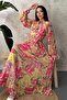 Women's Yellow Floral Patterned Pleated Belted Scarf Collar Long Dress - 2