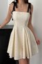 Women's Beige Mini Dress Square Neckline Shoulder Lace-Up Flared Skirt Textured Cotton - 4