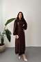Women's Brown Long Dress Embossed Textured Lace Hem Belted Balloon Sleeves - 2