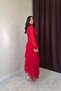 Women's Red Long Sleeve High Neck Waist Accent Layered Flounce Maxi Dress - 4