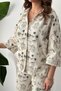 Women's Beige Shirt-Pants Set Embroidered Shirt Pants Set Wide Leg Cotton - 4