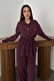 Women's Plum Shirt Pants Set Buttoned Lace-Up Ribbed Wide Leg Pants with Pockets - 3