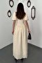 Women's Beige Embroidered Balloon Sleeve Gathered Lined Long Cotton Dress - 5
