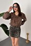 Women's Brown Ruffled Tie Detailed V-Neck Balloon Sleeve Woven Blouse - 2