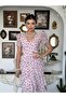 Women's Pink Polka Dot Chiffon Midi Dress V-Neck Balloon Sleeves with Folded Flounces