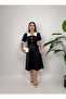Women's Red - Red Midi Dress with Contrast Collar, Buttoned Short Balloon Sleeves and Belt - 3