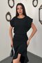 Women's Black Dress with Flounces, Slits, Draped Waist Detail, Maxi Satin Dress - 3