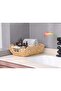 Two light blue bordered storage baskets with wooden handles, a home decor storage basket set. - 3