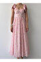 Women's Pink Floral Patterned Shoulder Tie Heart Collar Gathered Long Dress - 2